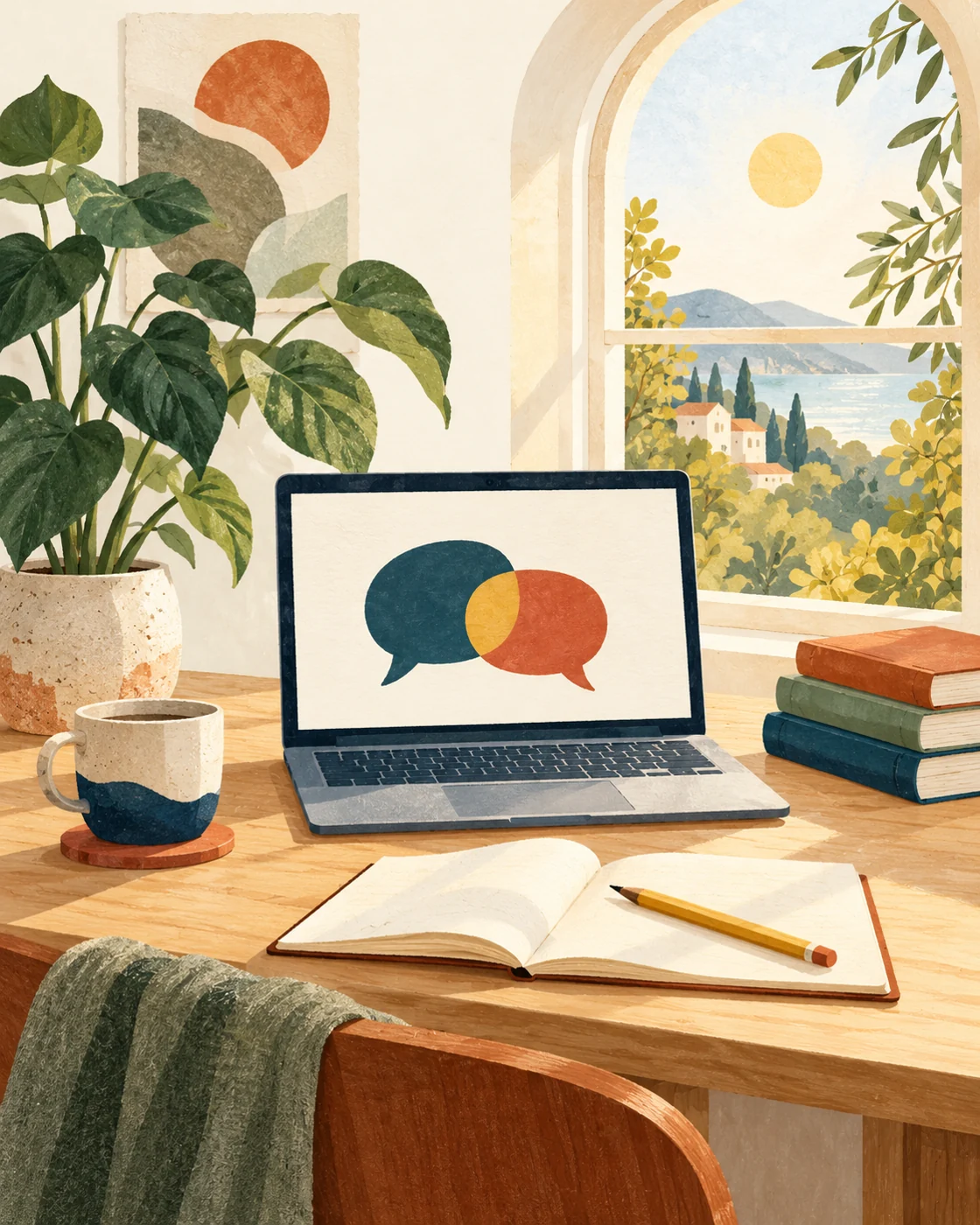 Illustration of a welcoming study desk with a laptop, conversation bubbles, books and plants